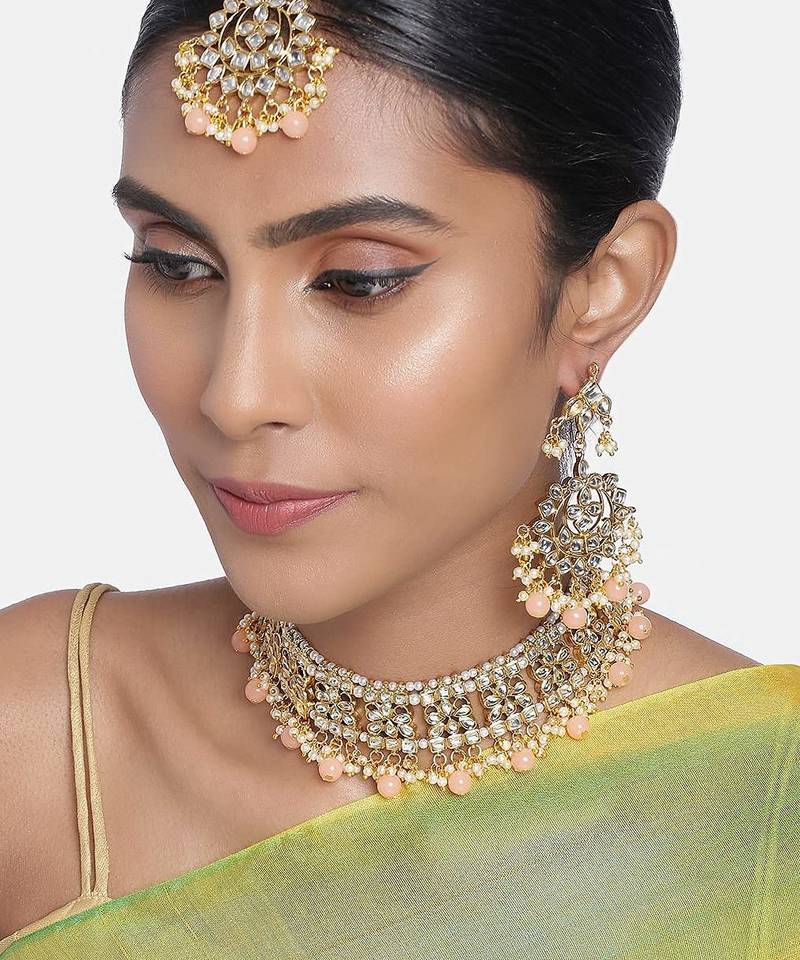 Aheli ethnic peach traditional jewellery kundan necklace earring mang tikka set for women