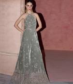 Pista green embroidered velvet silk jumpsuit