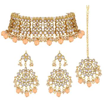 Aheli ethnic peach traditional jewellery kundan necklace earring mang tikka set for women 3