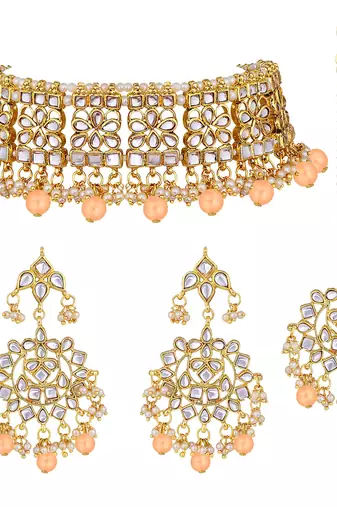 Aheli ethnic peach traditional jewellery kundan necklace earring mang tikka set for women