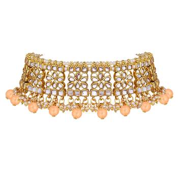 Aheli ethnic peach traditional jewellery kundan necklace earring mang tikka set for women 4