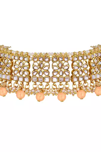 Aheli ethnic peach traditional jewellery kundan necklace earring mang tikka set for women