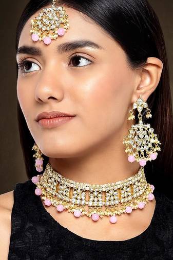 Aheli ethnic pink traditional jewellery kundan necklace earring mang tikka set for women
