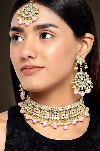 Aheli ethnic pink traditional jewellery kundan necklace earring mang tikka set for women