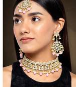 Aheli ethnic pink traditional jewellery kundan necklace earring mang tikka set for women
