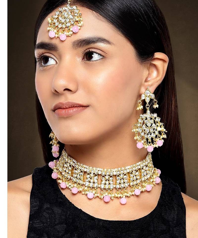 Aheli ethnic pink traditional jewellery kundan necklace earring mang tikka set for women