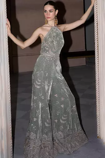 Pista green embroidered velvet silk jumpsuit