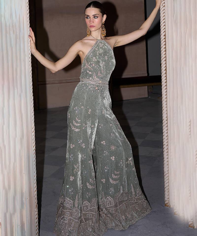 Pista green embroidered velvet silk jumpsuit