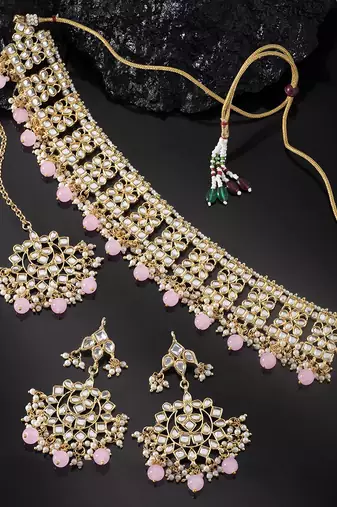 Aheli ethnic pink traditional jewellery kundan necklace earring mang tikka set for women
