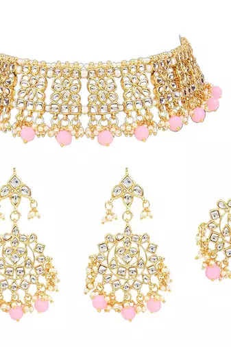 Aheli ethnic pink traditional jewellery kundan necklace earring mang tikka set for women