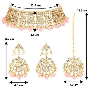 Aheli ethnic pink traditional jewellery kundan necklace earring mang tikka set for women 4