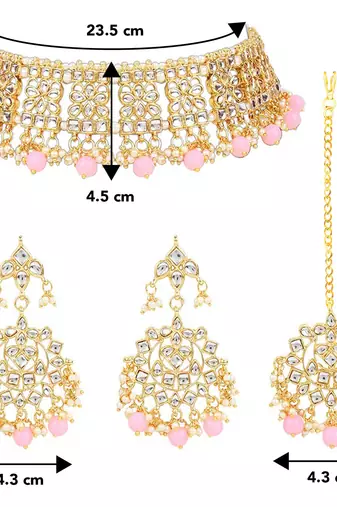 Aheli ethnic pink traditional jewellery kundan necklace earring mang tikka set for women