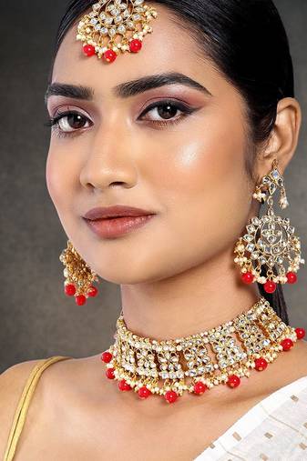 Aheli ethnic red traditional jewellery kundan choker necklace earring maang tikka set for women