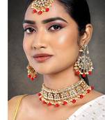 Aheli ethnic red traditional jewellery kundan choker necklace earring maang tikka set for women