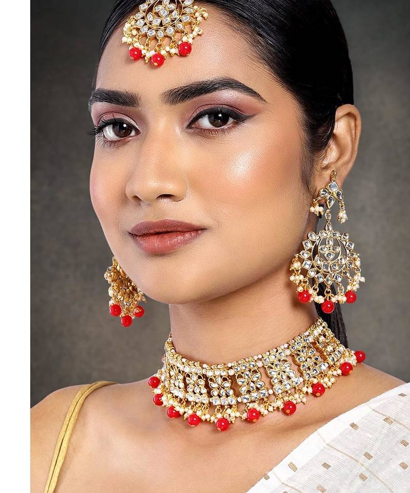 Aheli ethnic red traditional jewellery kundan choker necklace earring maang tikka set for women