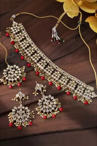 Aheli ethnic red traditional jewellery kundan choker necklace earring maang tikka set for women
