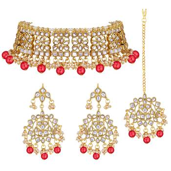 Aheli ethnic red traditional jewellery kundan choker necklace earring maang tikka set for women 3