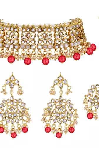 Aheli ethnic red traditional jewellery kundan choker necklace earring maang tikka set for women