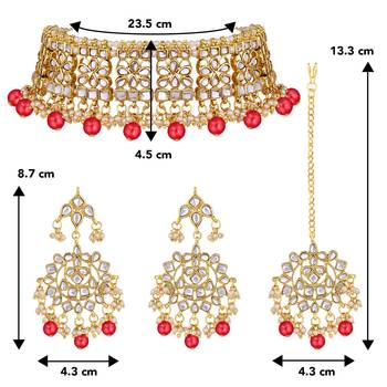 Aheli ethnic red traditional jewellery kundan choker necklace earring maang tikka set for women 4