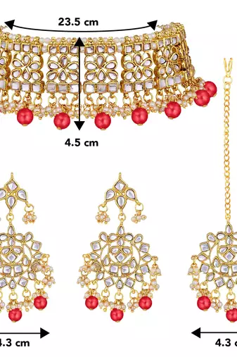 Aheli ethnic red traditional jewellery kundan choker necklace earring maang tikka set for women