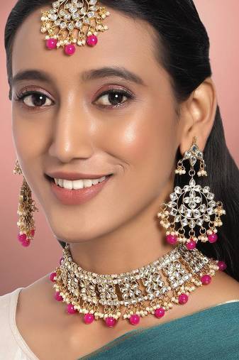 Aheli ethnic indian traditional kundan necklace earring maang tikka jewellery set for women