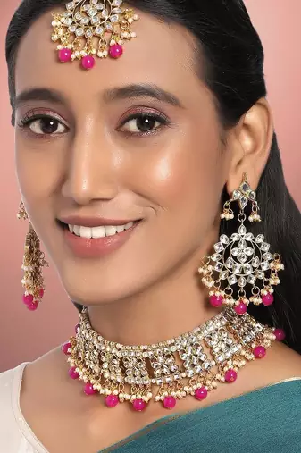 Aheli ethnic indian traditional kundan necklace earring maang tikka jewellery set for women