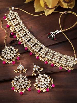 Aheli ethnic indian traditional kundan necklace earring maang tikka jewellery set for women 2