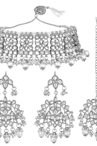 Aheli ethnic indian traditional jewellery kundan necklace earring mang tikka set for women