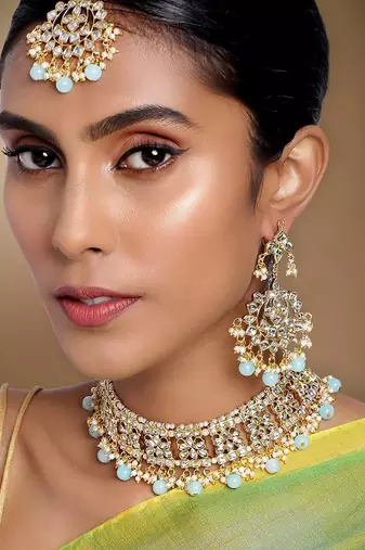 Aheli ethnic sky blue traditional jewellery kundan brass alloy necklace earring mang tikka set for women