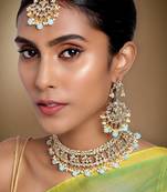 Aheli ethnic sky blue traditional jewellery kundan brass alloy necklace earring mang tikka set for women