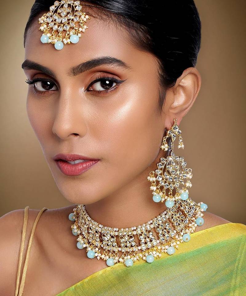 Aheli ethnic sky blue traditional jewellery kundan brass alloy necklace earring mang tikka set for women