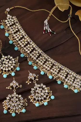 Aheli ethnic sky blue traditional jewellery kundan brass alloy necklace earring mang tikka set for women