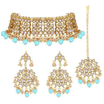 Aheli ethnic sky blue traditional jewellery kundan brass alloy necklace earring mang tikka set for women 3