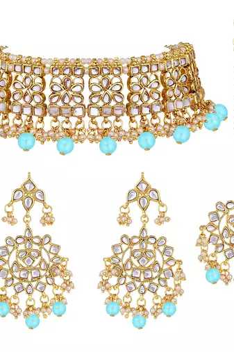 Aheli ethnic sky blue traditional jewellery kundan brass alloy necklace earring mang tikka set for women