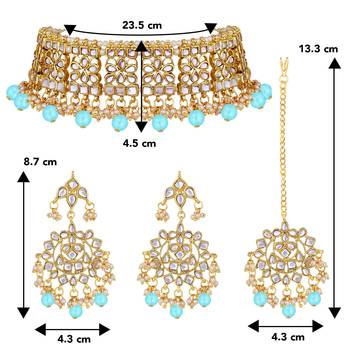 Aheli ethnic sky blue traditional jewellery kundan brass alloy necklace earring mang tikka set for women 4