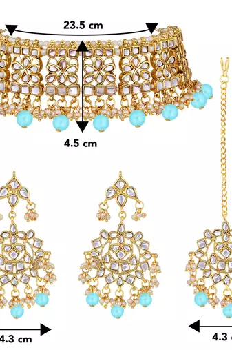 Aheli ethnic sky blue traditional jewellery kundan brass alloy necklace earring mang tikka set for women