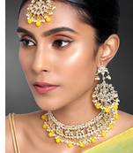 Aheli ethnic yellow traditional jewellery kundan necklace earring mang tikka set for women