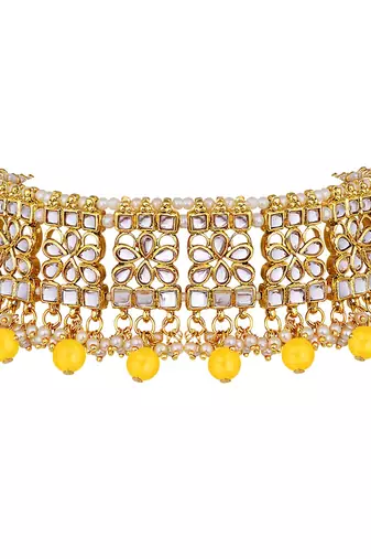 Aheli ethnic yellow traditional jewellery kundan necklace earring mang tikka set for women