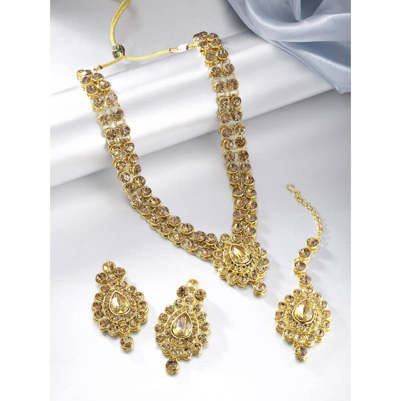 Aheli long necklace jewellery set with maang tikka and earrings for women