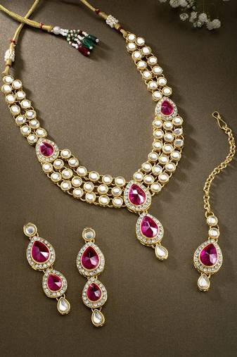 Aheli traditional rani pink kundan necklace earring maang tikka jewellery set for women