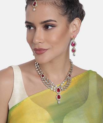 Aheli traditional rani pink kundan necklace earring maang tikka jewellery set for women 2