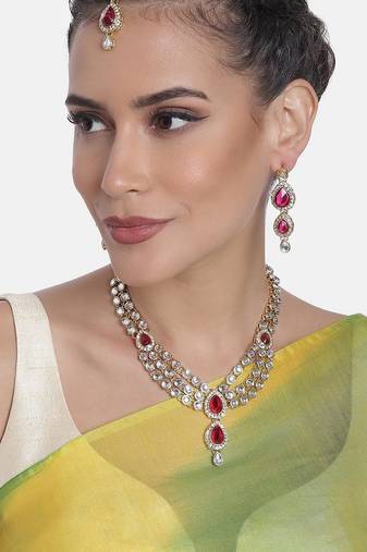 Aheli traditional rani pink kundan necklace earring maang tikka jewellery set for women