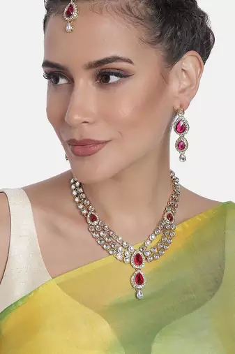 Aheli traditional rani pink kundan necklace earring maang tikka jewellery set for women