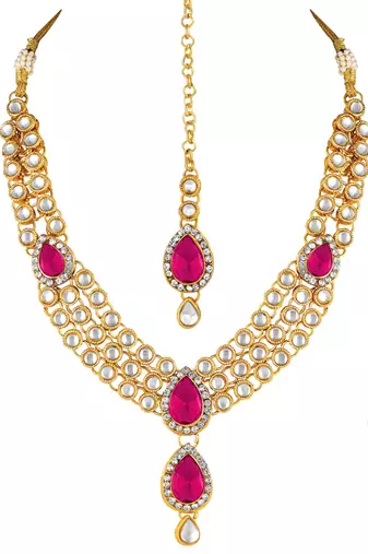 Aheli traditional rani pink kundan necklace earring maang tikka jewellery set for women