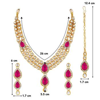 Aheli traditional rani pink kundan necklace earring maang tikka jewellery set for women 4