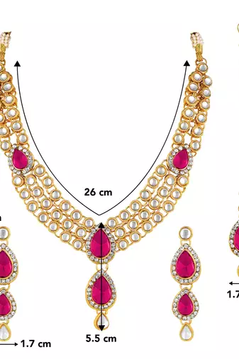 Aheli traditional rani pink kundan necklace earring maang tikka jewellery set for women