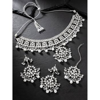 Aheli traditional kundan studded choker necklace jewellery set with earring maang tikka for women 1