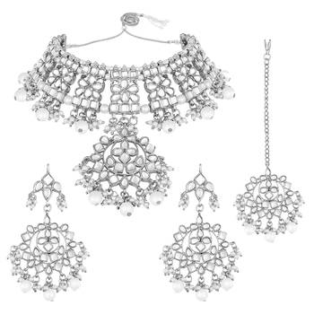 Aheli traditional kundan studded choker necklace jewellery set with earring maang tikka for women 3