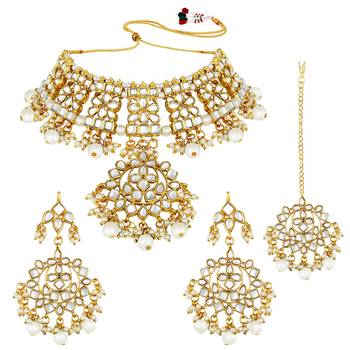 Aheli traditional kundan choker necklace earring & maang tikka set for women 3