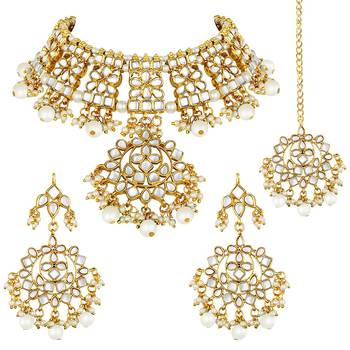 Aheli traditional kundan choker necklace earring & maang tikka set for women 4